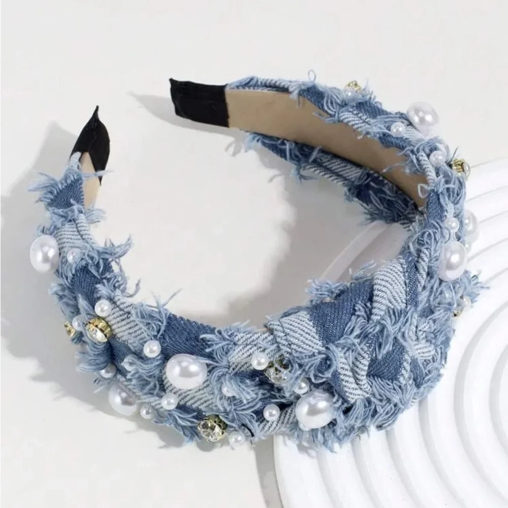 Royal 1pc Women Faux Pearl & Rhinestone Decor Knot Design Fashionable Headband